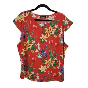 7th Avenue New York & Co Floral Knit Top Womens Size XxL Red Lily Cap Sleeve